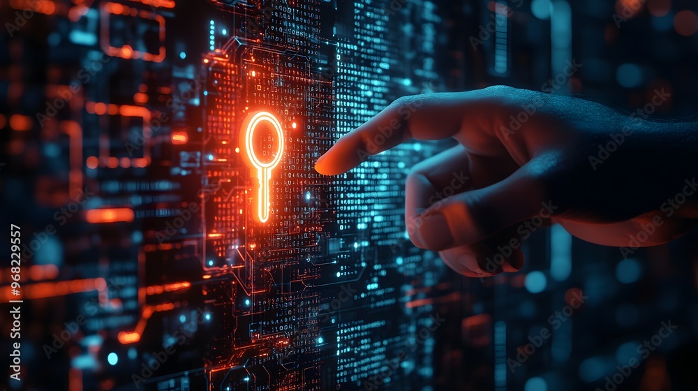 A hand reaching out to a glowing key symbol on a digital interface, symbolizing access, technology, and security. A hand reaching out to a glowing key symbol on a digital interface, symbolizing access, technology, and security.