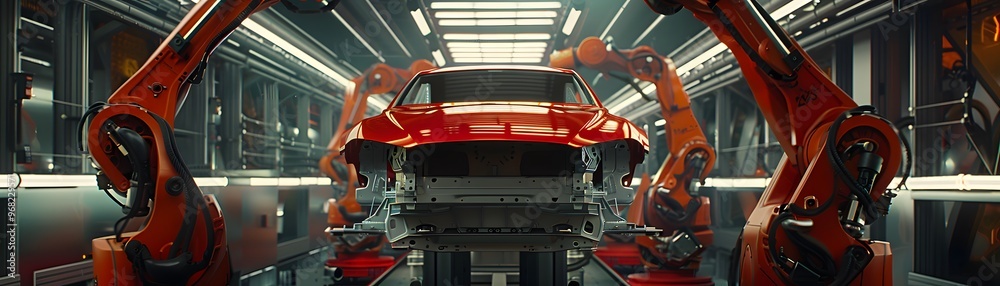 A high-tech automobile assembly line featuring robotic arms working on a red car in an automated factory. A high-tech automobile assembly line featuring robotic arms working on a red car in an automated factory.