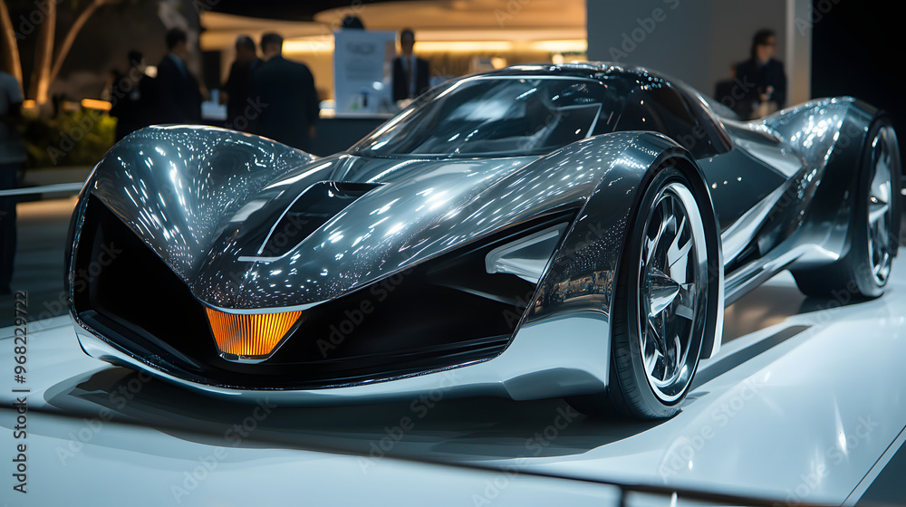 A futuristic concept car on display at an auto show with sleek lines and advanced features. A futuristic concept car on display at an auto show with sleek lines and advanced features.
