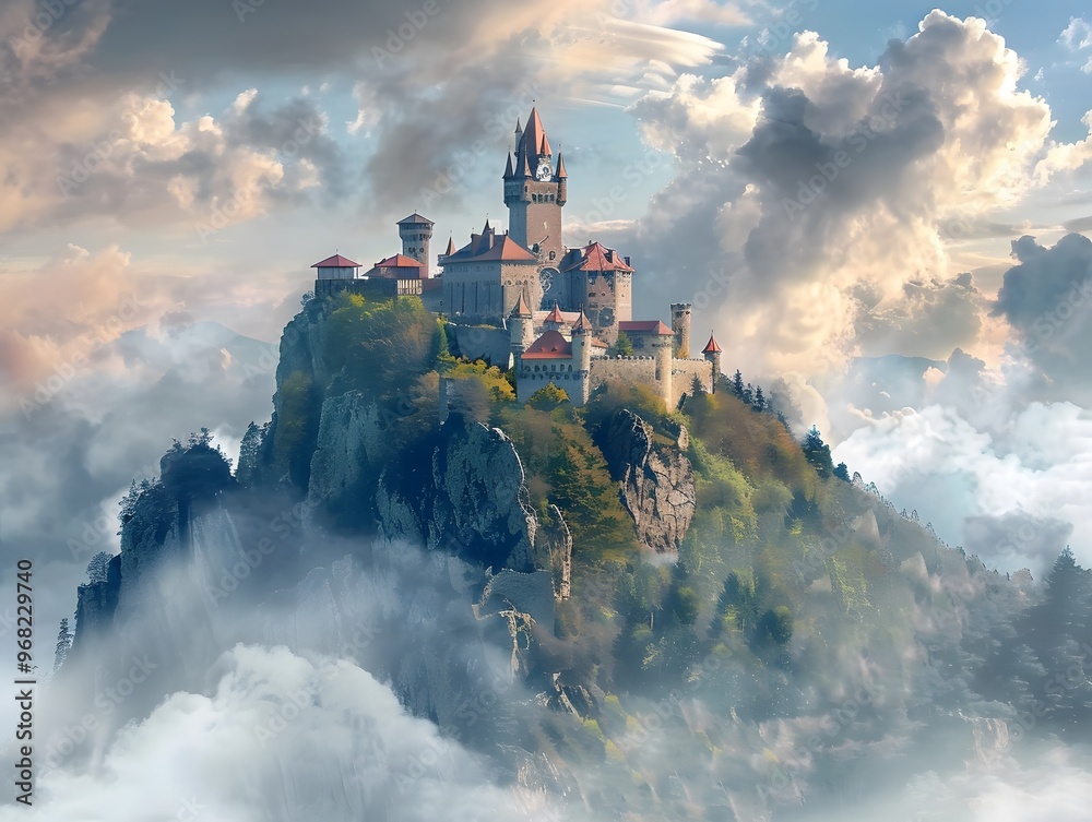 Fototapeta premium Magnificent fantasy castle perched atop a misty hill with dramatic clouds