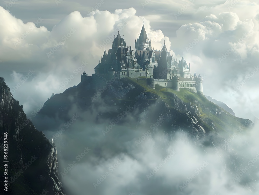 Fototapeta premium Magnificent fantasy castle perched atop a misty hill with dramatic clouds