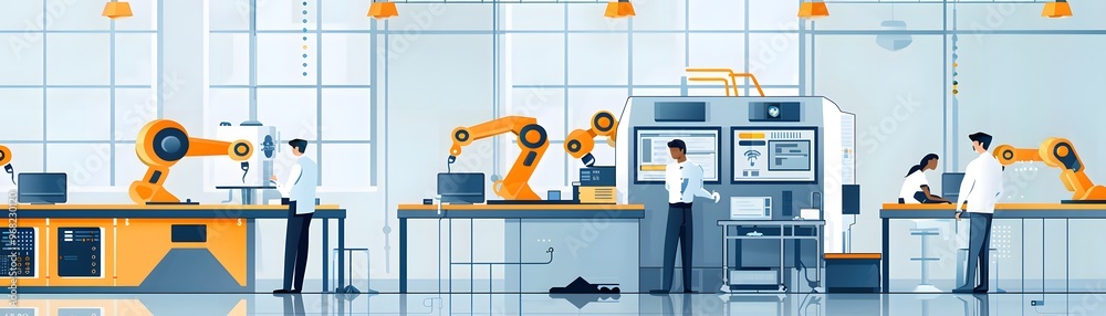 A modern industrial workspace featuring robotic technology and engineers collaborating on automation solutions. A modern industrial workspace featuring robotic technology and engineers collaborating on automation solutions.
