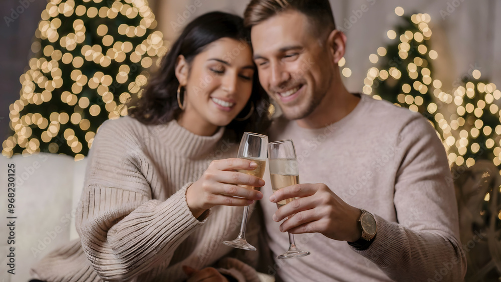 Smiling Couple Toasting with Champagne in a Cozy Holiday Setting Surrounded by Warm Lights and Festive Christmas Trees Smiling Couple Toasting with Champagne in a Cozy Holiday Setting Surrounded by Warm Lights and Festive Christmas Trees