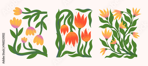 Abstact flowers vector compositions with hand drawn florals.Modern botany illustrations for prints,flyers,banners,invitations,branding design,covers,home decoration