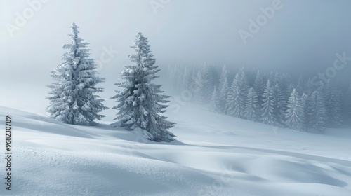 Landscape banner Snow covered fluffy spruce trees in a white snowdrift field during a winter blizzard