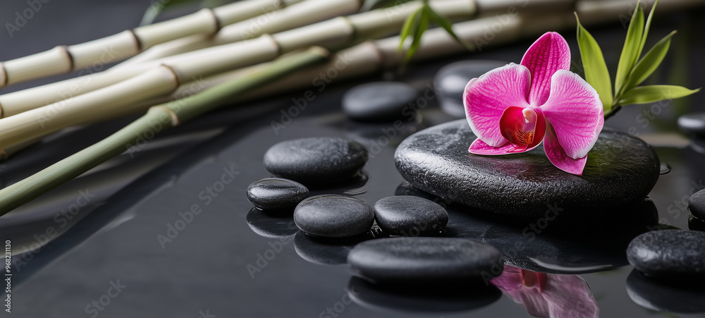 Fototapeta premium Black rocks and bamboo with a pink orchid on a black background for a spa or wellness setting, a Zen concept