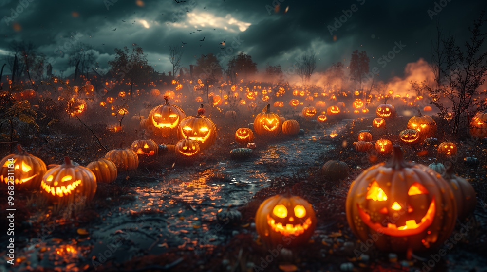 Field with wicked halloween pumpkins with flames inside Field with wicked halloween pumpkins with flames inside