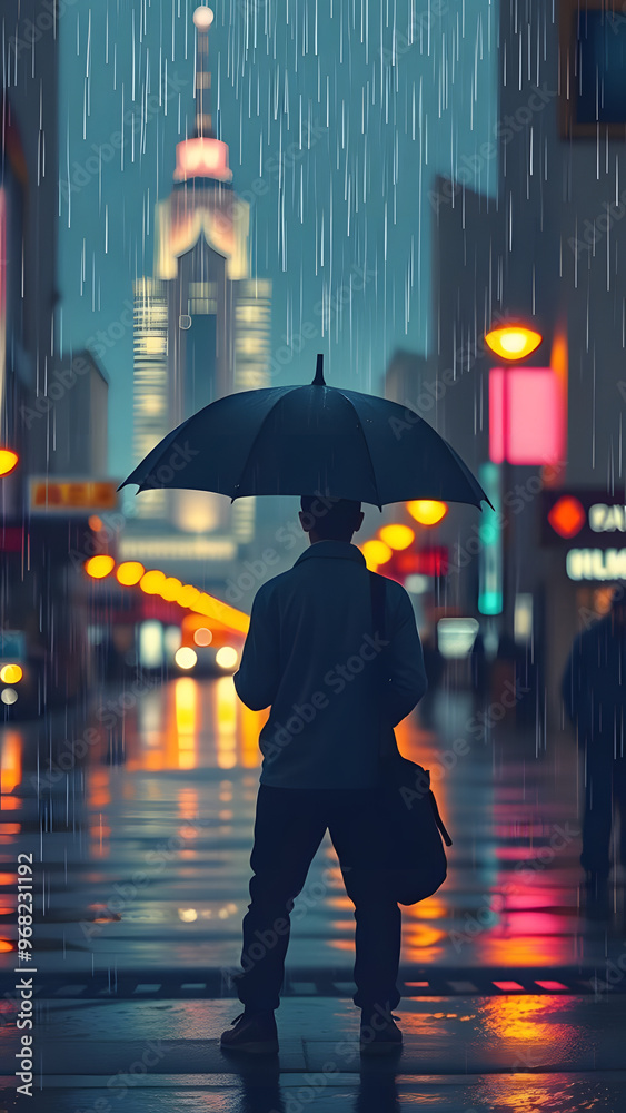 Obraz premium Person standing under an umbrella in a rainy city street at night