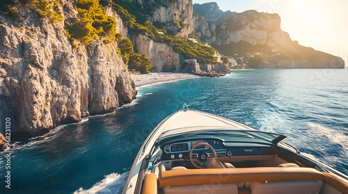 A luxury convertible driving along the Amalfi Coast with stunning views of the cliffs and sea.