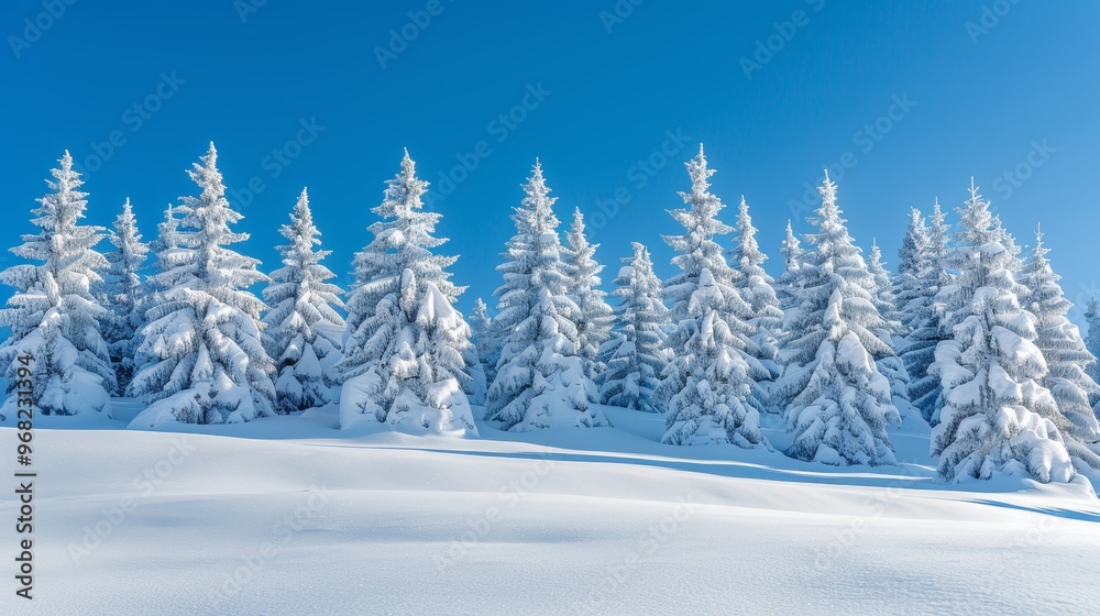 Fluffy spruce trees blanketed in snow among snowy mountains under a vibrant blue sky winter Scandinavian landscape Fluffy spruce trees blanketed in snow among snowy mountains under a vibrant blue sky winter Scandinavian landscape
