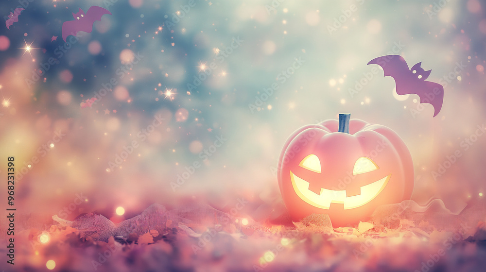 custom made wallpaper toronto digitalA pastel-colored pumpkin with shimmering eyes, with small bats fluttering around and ghosts floating nearby. The backdrop is a gentle night sky filled with magical stars. The atmosphere is cute