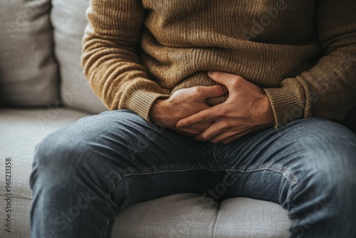 Close-up of a man holding his stomach in pain, sitting on a couch,discomfort and distress, pain and abdominal cramps, often associated with mushroom poisoning