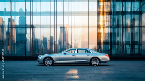A luxury sedan parked in front of a modern glass building with reflections of the city skyline on the windows.