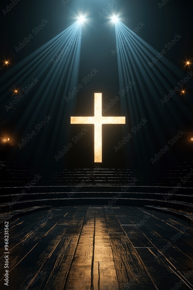 Naklejka premium Illuminated Cross on Dark Wooden Stage with Spotlights