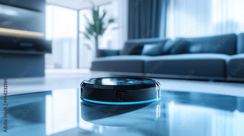 Modern Robotic Vacuum Cleaner on a Glass Table in a Living Room Modern Robotic Vacuum Cleaner on a Glass Table in a Living Room