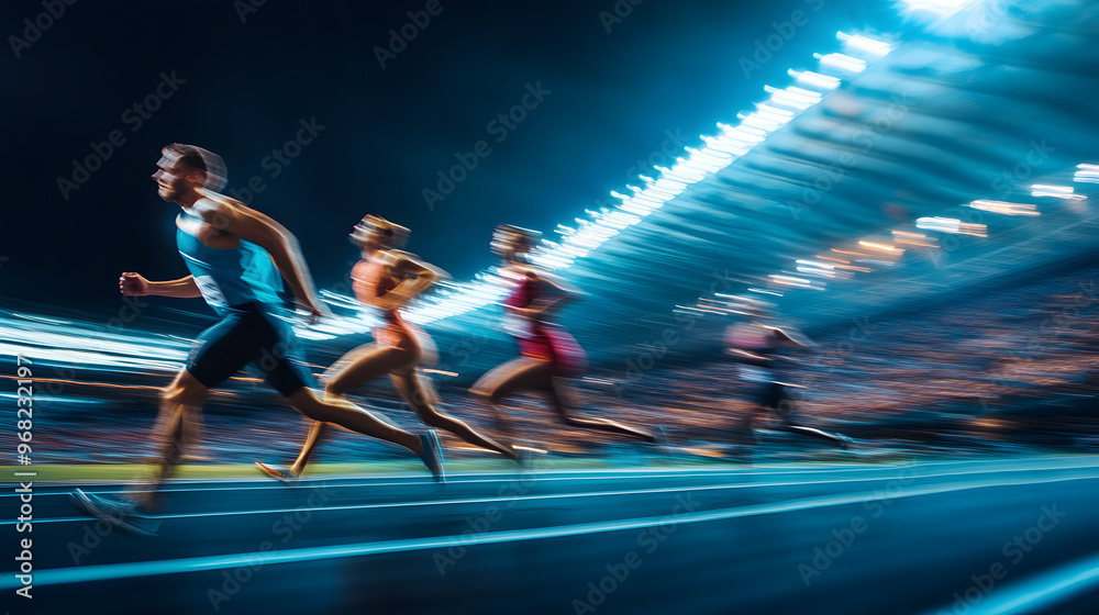 Obraz premium A night scene of electric sprinters charging under bright stadium lights with a sports event happening in the background.