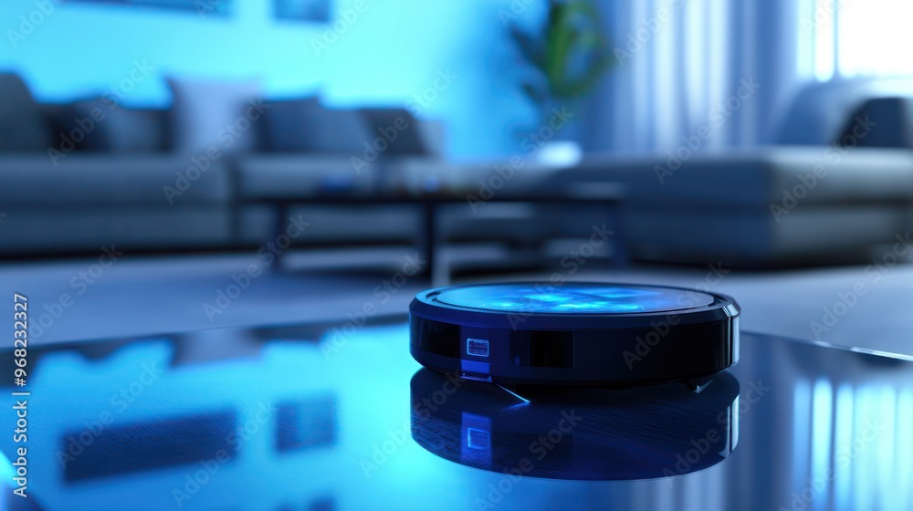 Robot Vacuum Cleaner on Glass Table in Modern Living Room Robot Vacuum Cleaner on Glass Table in Modern Living Room