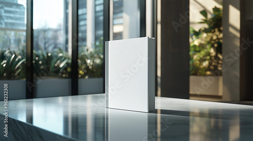 Minimalist book mockup on marble table in bright indoor space with natural light 
