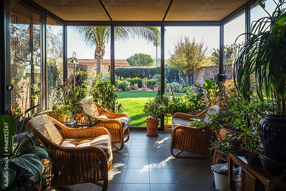 Fototapeta premium Wicker furniture and lush plants in a sunroom with garden views through large windows.
