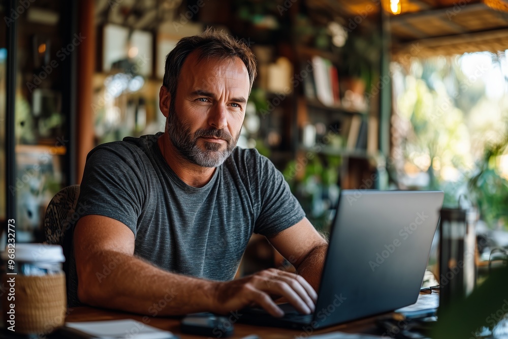A middle-aged man with a beard works intently on his laptop in a cozy, nature-inspired home office. A middle-aged man with a beard works intently on his laptop in a cozy, nature-inspired home office.