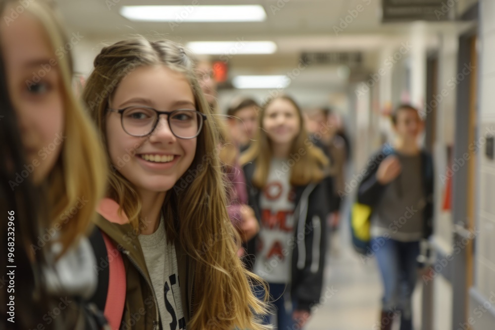 Obraz premium Happy schoolgirl with glasses looking at camera and smiling