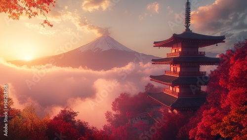 Cinematic shot of Chureito pagoda at sunset with Mount Fuji in the background, with red and white colours photo