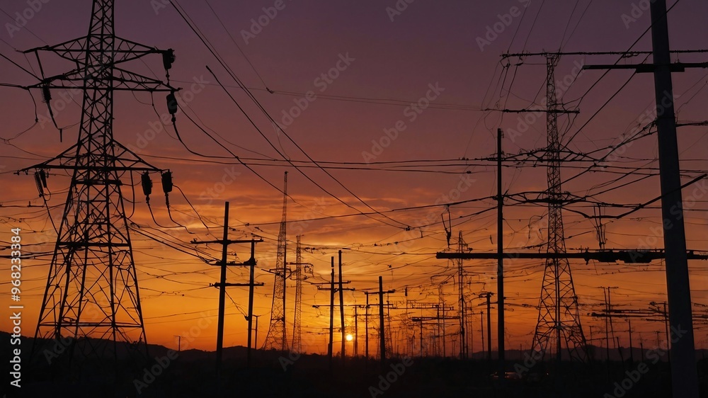 Fototapeta premium Landscape photograph featuring a sunset. The layout includes numerous power lines and transmission towers of varying heights and designs, creating a complex network of intersecting lines. 