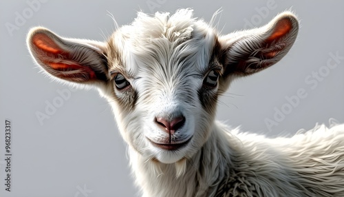 Adorable 3D rendering of a tiny baby goat with soft fur and a charming expression against a white background