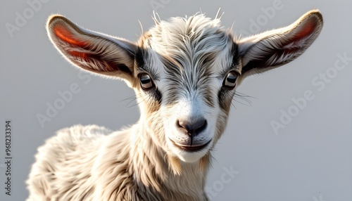 Adorable 3D rendering of a tiny baby goat with soft fur and a charming expression against a white background