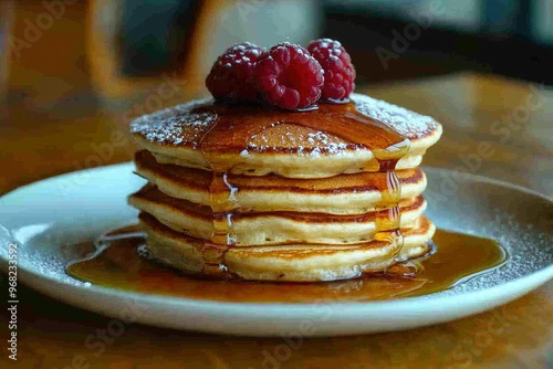 Stack of Buttery Pancakes with Syrup and Raspberries photo