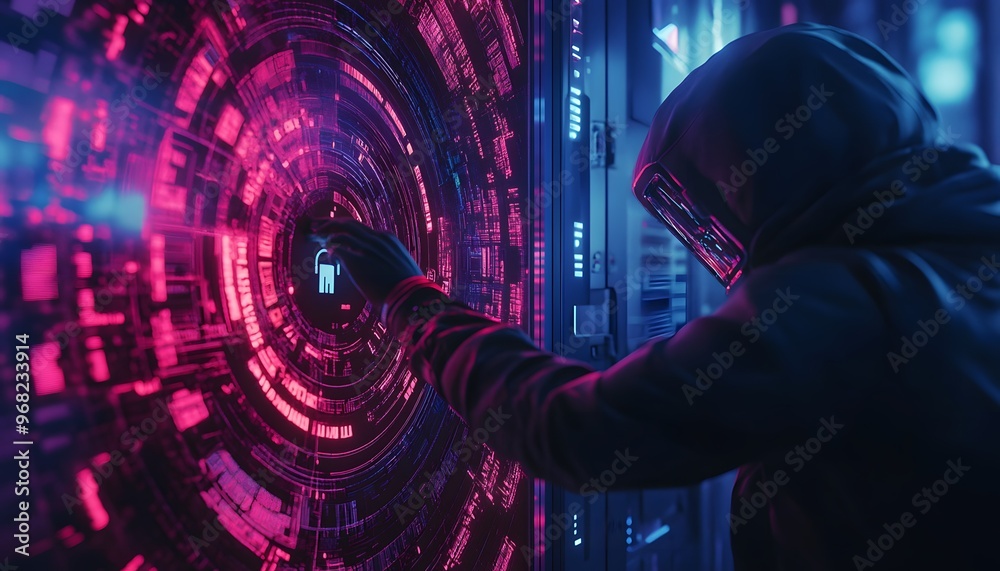 A mysterious figure interacts with a vibrant, high-tech interface, exploring digital realms in a futuristic setting. A mysterious figure interacts with a vibrant, high-tech interface, exploring digital realms in a futuristic setting.
