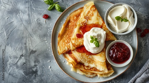 French breakfast featuring crepes with sour cream and jam on a gray backdrop with room for text.