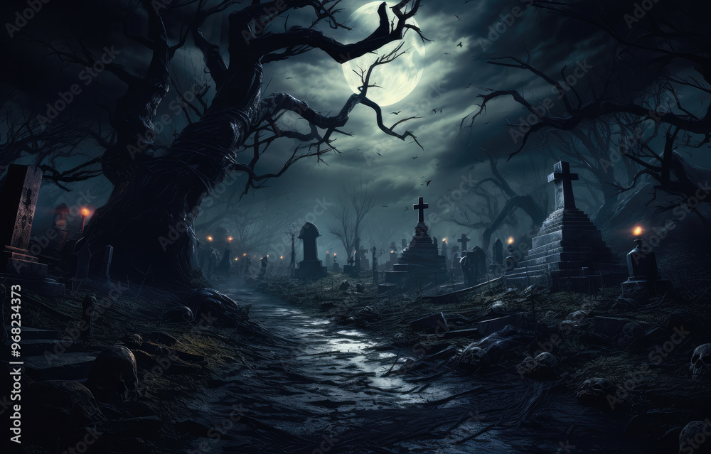 Obraz premium Scary cemetery with graves and full moon for Halloween. Spooky halloween background, Halloween illustration for poster and banner design