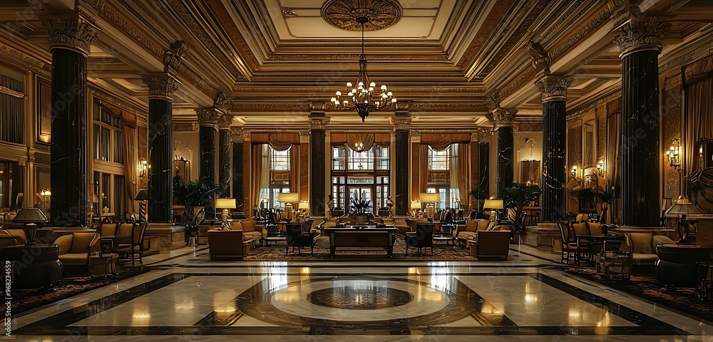 Classic architectural features dominate the grand lobby of an historic hotel. Classic architectural features dominate the grand lobby of an historic hotel.
