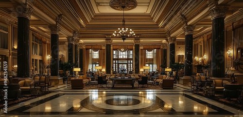 Classic architectural features dominate the grand lobby of an historic hotel.