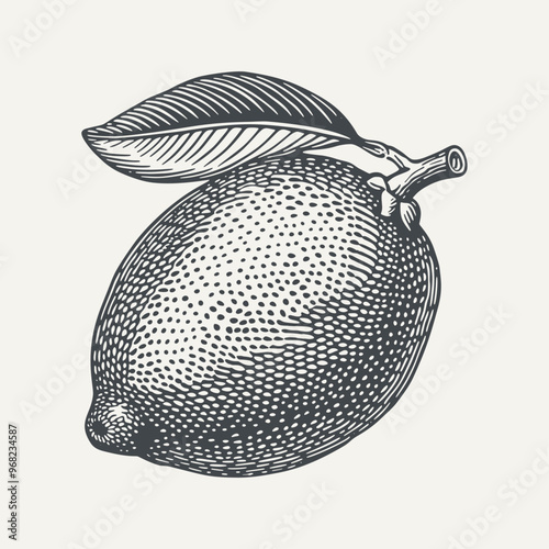 Lemon with Leaf. Vintage woodcut engraving style vector illustration.