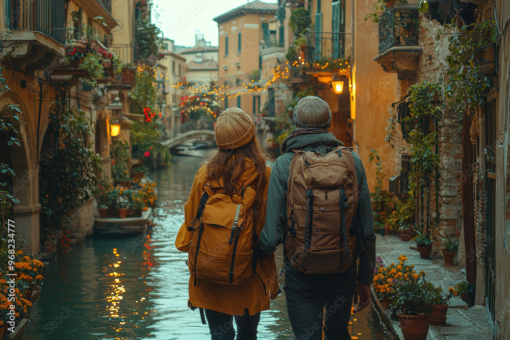 A couple exploring a new city hand in hand, capturing moments on a camera. Concept of adventure and shared experiences. A couple exploring a new city hand in hand, capturing moments on a camera. Concept of adventure and shared experiences.