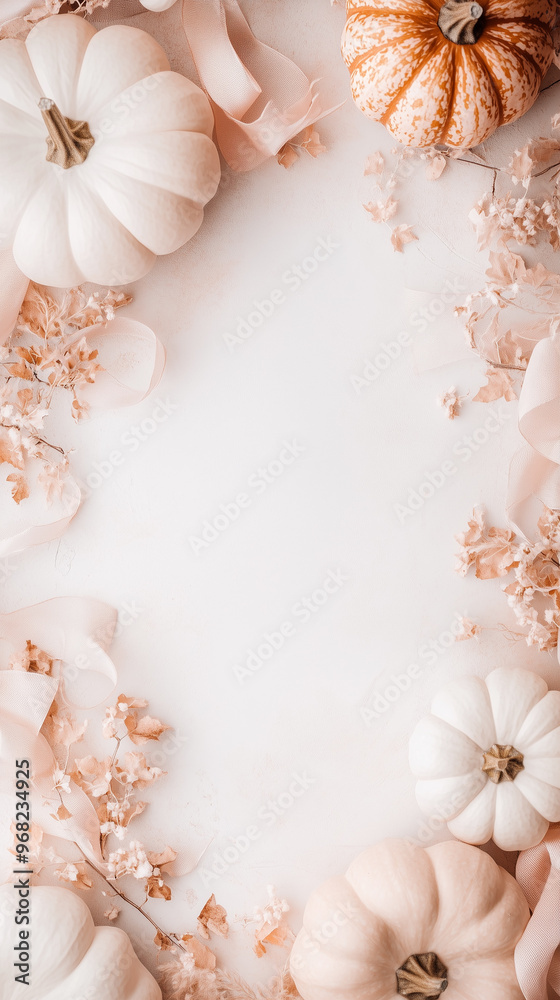 White pumpkins, dried flowers, and ribbons on a white background. White pumpkins, dried flowers, and ribbons on a white background.