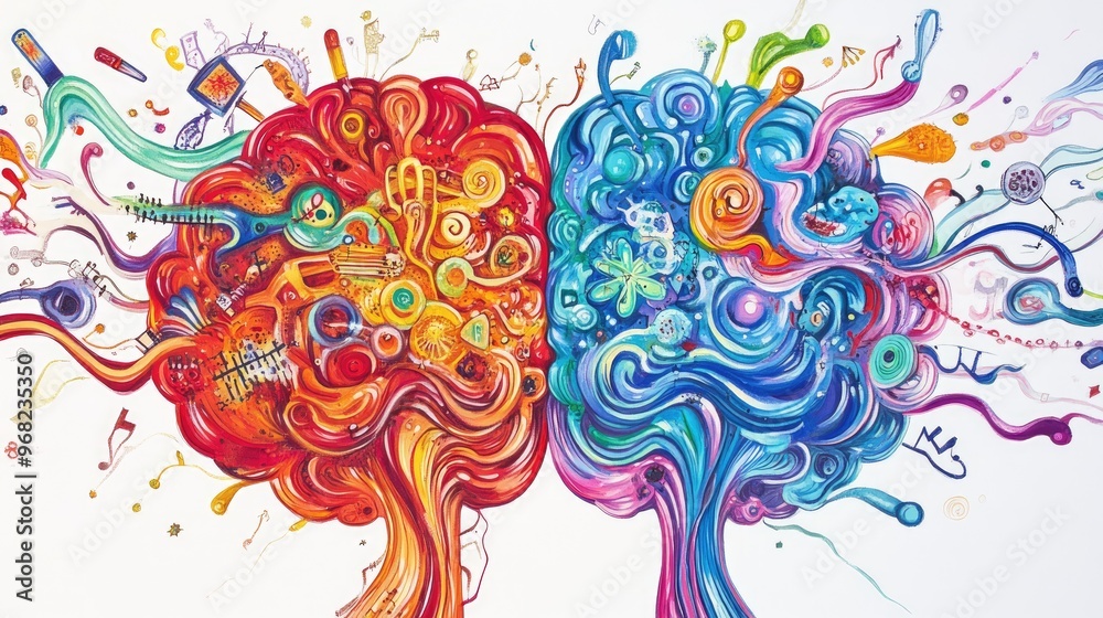 Brain divided in half: left brain numeric, right brain music and arts, creating a psychedelic concept for a science poster on a white background Brain divided in half: left brain numeric, right brain music and arts, creating a psychedelic concept for a science poster on a white background