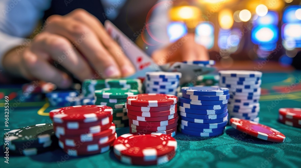A close-up of colorful poker chips on a casino table with a player holding cards in the background A close-up of colorful poker chips on a casino table with a player holding cards in the background