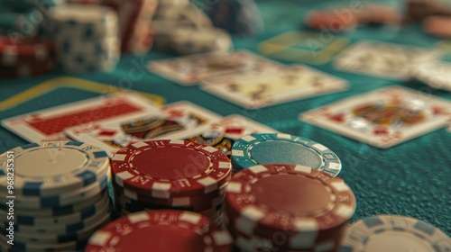 Poker Chips and Cards on Casino Table