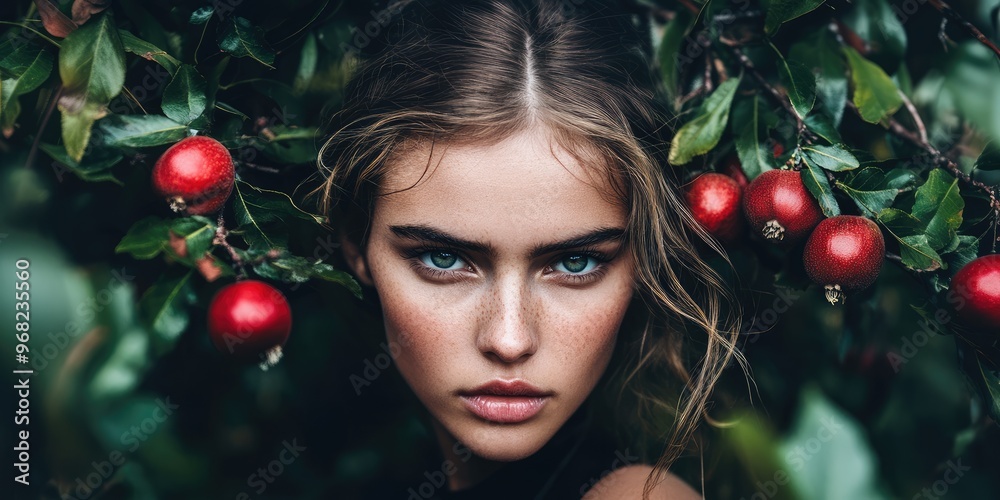 A young woman embraces the beauty of autumn with striking blue eyes and cascading hair, surrounded by vibrant foliage and ripe red fruits, capturing the essence of the season A young woman embraces the beauty of autumn with striking blue eyes and cascading hair, surrounded by vibrant foliage and ripe red fruits, capturing the essence of the season