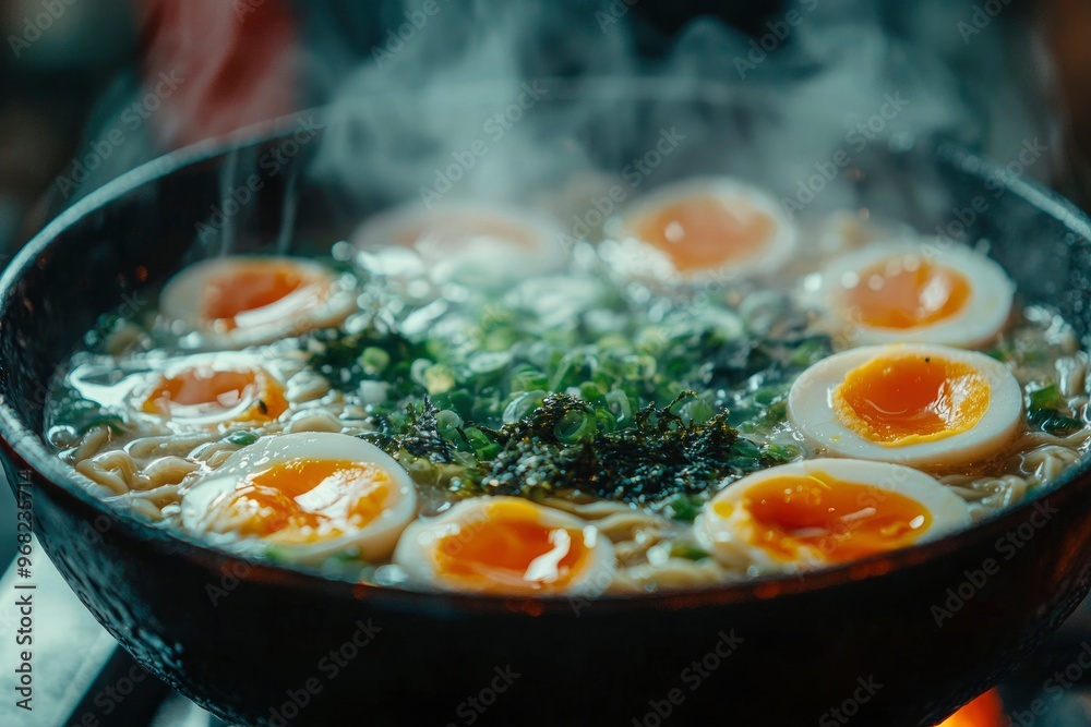 Steaming Bowl of Ramen with Soft-Boiled Eggs and Seaweed Steaming Bowl of Ramen with Soft-Boiled Eggs and Seaweed