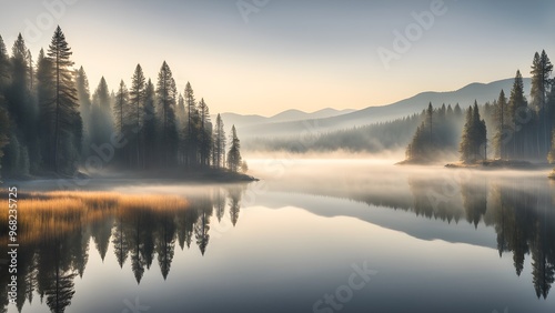 A serene lake with a foggy morning sky and trees in the background