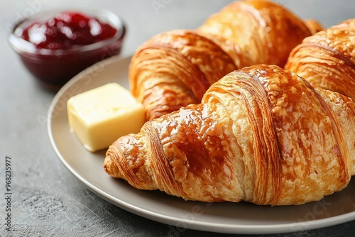 Freshly Baked Croissants with Butter and Jam on a Plate