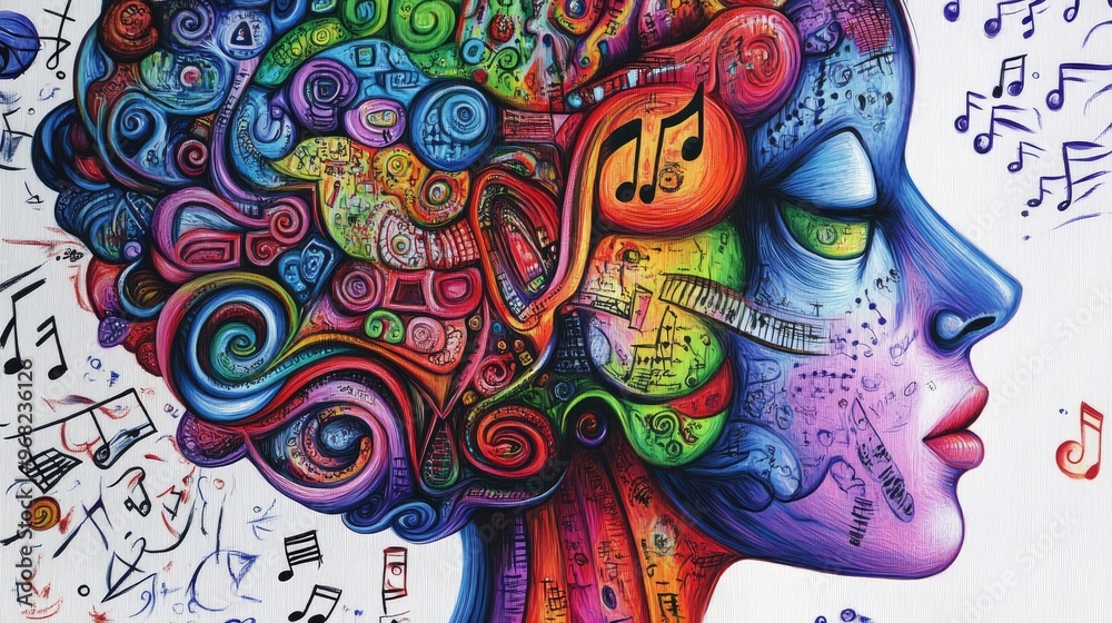Obraz premium Half-brain psychedelic art with left side showing numbers and letters, while right side is filled with music notes and creative art, on a white background