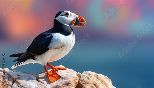 Black guillemot vocalizing atop a rock with a vibrant and colorful backdrop photo