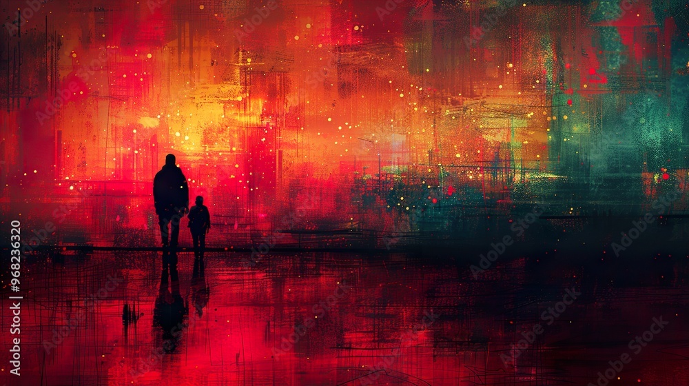Two silhouettes of people at a red light Two silhouettes of people at a red light