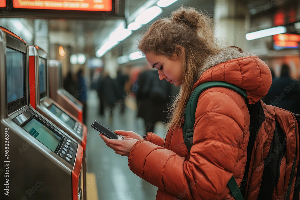 Obraz premium A young woman in a puffy orange jacket uses her smartphone while standing at a subway ticket machine. 