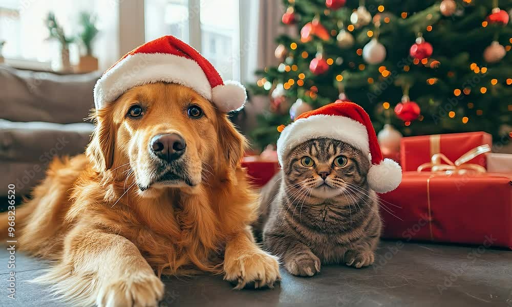 A dog and a cat wearing a Santa hat in front of a Christmas tree
